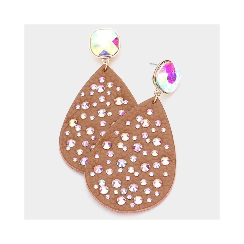 Rhinestone leather teardrop earrings